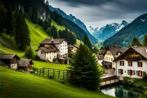 photo wallpaper the sky, mountains, house, river, green, house, house, house,. AI-Generated