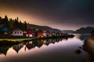 colorful houses on the shore of a lake at sunset. AI-Generated photo