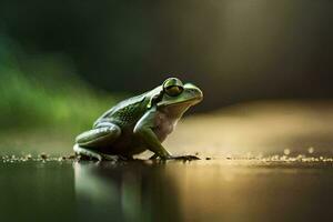 a frog sitting on the ground in the dark. AI-Generated photo