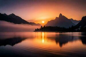 the sun rises over a mountain lake in the mountains. AI-Generated photo