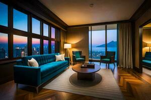 a living room with a view of the city at dusk. AI-Generated photo