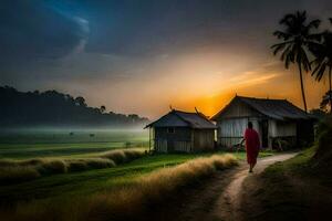 a man walking down a dirt road in front of a house. AI-Generated photo