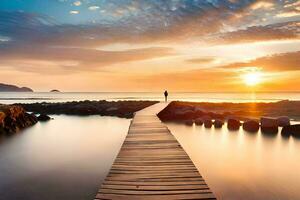 a man stands on a wooden boardwalk over the ocean at sunset. AI-Generated photo