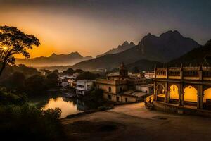 the sun sets over a small town in india. AI-Generated photo