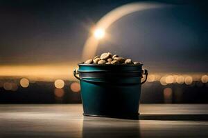 a bucket of nuts on a table with a full moon in the background. AI-Generated photo