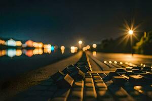 un ciudad a noche con luces en el agua. generado por ai foto