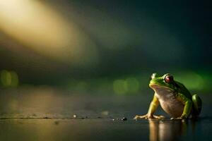 a frog is standing on the ground in front of a blurry background. AI-Generated photo