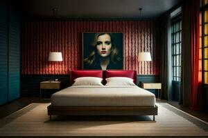 a bedroom with a large bed and a painting on the wall. AI-Generated photo