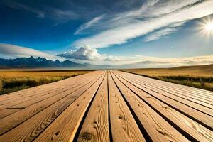 un de madera paseo marítimo Guías a un campo con montañas en el antecedentes. generado por ai foto