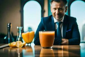 a man in a suit sitting at a table with a glass of orange juice. AI-Generated photo