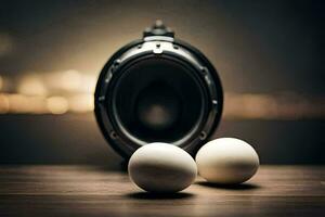 two eggs sit next to a speaker. AI-Generated photo