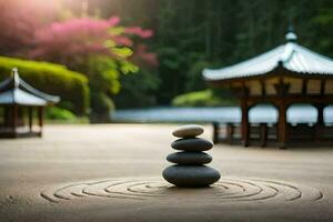 a zen garden with stones and a pagoda in the background. AI-Generated photo