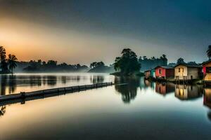 a house on the water at sunrise with a foggy sky. AI-Generated photo