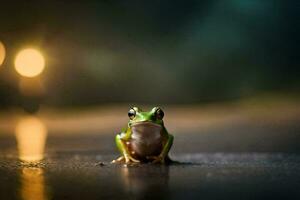 a frog sitting on the ground in the dark. AI-Generated photo