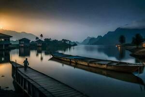 a man stands on a dock at sunset with a boat in the water. AI-Generated photo