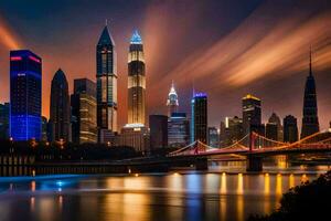 el ciudad horizonte a noche con luces brillante en él. generado por ai foto