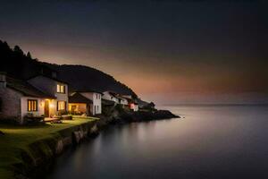 un casa en el apuntalar de el Oceano a oscuridad. generado por ai foto