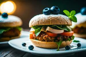 two hamburgers with blueberries and lettuce on them. AI-Generated photo