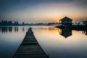 a wooden dock leads to a house on the water. AI-Generated photo