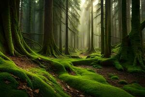 un bosque con cubierto de musgo arboles y luz de sol. generado por ai foto