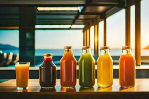 five different juices in bottles on a table. AI-Generated photo