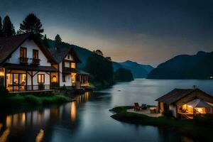 photo wallpaper the sky, lake, mountains, house, the night, the lake, the house. AI-Generated