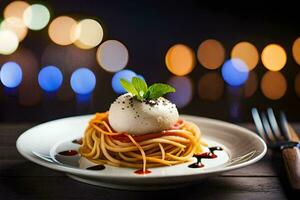 spaghetti with mozzarella and tomato on a plate. AI-Generated photo