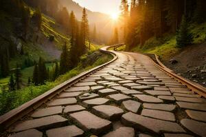 un Roca la carretera con un puesta de sol en el antecedentes. generado por ai foto