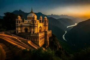 el puesta de sol terminado el templo en India. generado por ai foto