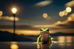 a frog sitting on the ground at night. AI-Generated photo