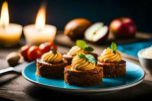 small cakes with cream and apples on a blue plate. AI-Generated photo