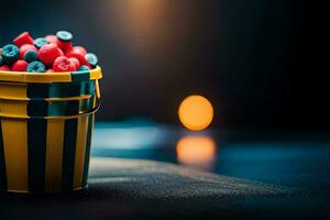 a bucket filled with berries on a dark background. AI-Generated photo