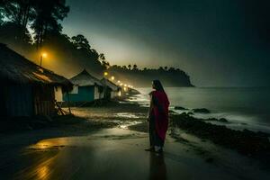 a woman in a red dress stands on the beach at night. AI-Generated photo