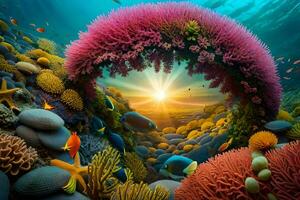 the sun shines through a coral reef and a fish swims by. AI-Generated photo