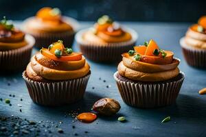cupcakes with carrots and nuts on a dark table. AI-Generated photo