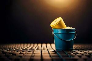 a bucket of water sitting on top of a keyboard. AI-Generated photo