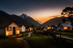 a bicycle is parked in front of a small house at sunset. AI-Generated photo