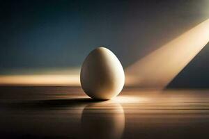 an egg sitting on a table in front of a light. AI-Generated photo