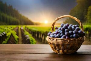 grapes in a basket on a wooden table. AI-Generated photo