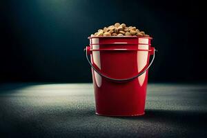 a red bucket filled with peanuts on a dark background. AI-Generated photo