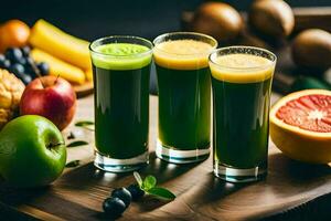 Tres lentes de verde jugo con frutas y vegetales. generado por ai foto