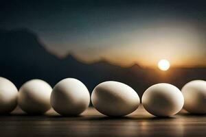 eggs in a row on a table with the sun in the background. AI-Generated photo