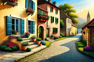 an illustration of a street in a village. AI-Generated photo