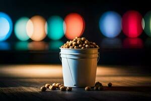 a bucket of peanuts on a table with a blurred background. AI-Generated photo