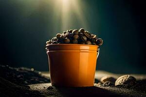 un Cubeta de café frijoles en un oscuro antecedentes. generado por ai foto