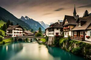 a river runs through a village in the mountains. AI-Generated photo