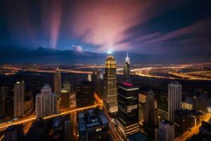 el ciudad horizonte a noche con largo exposición. generado por ai foto