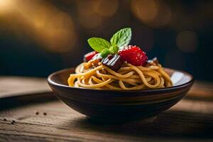 spaghetti with strawberries and mint leaves in a bowl. AI-Generated photo