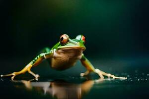 a frog with red eyes on a dark background. AI-Generated photo