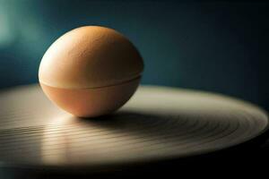 un huevo sentado en parte superior de un de madera mesa. generado por ai foto